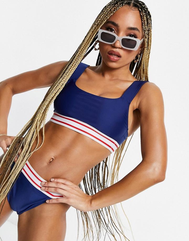 Brave Soul Crop Bikini Top With Contrast Tape In Navy-blues