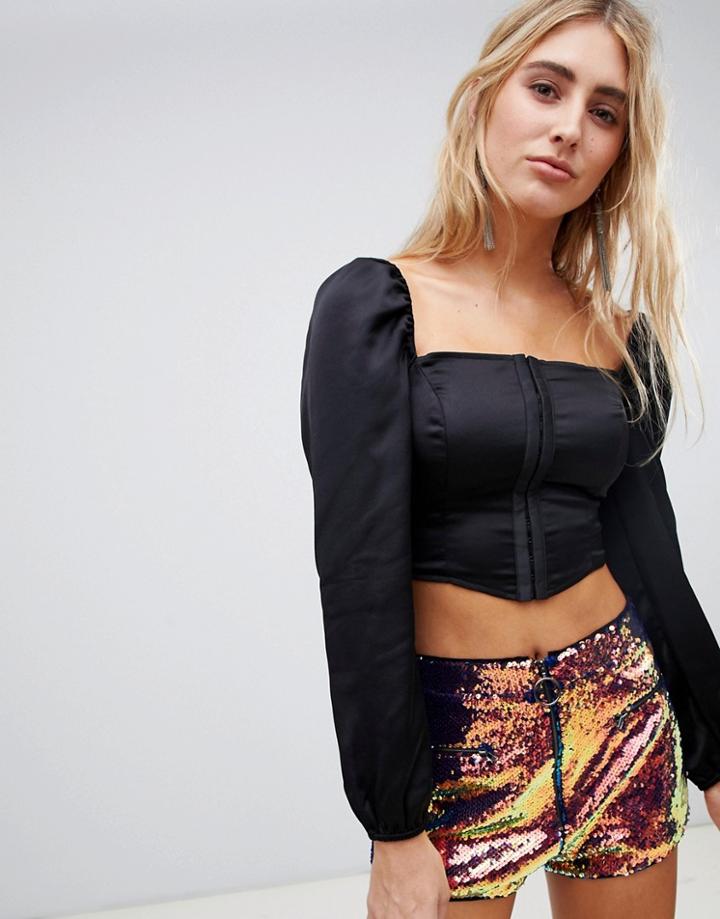 Wild Honey Square Neck Structured Top In Satin - Black