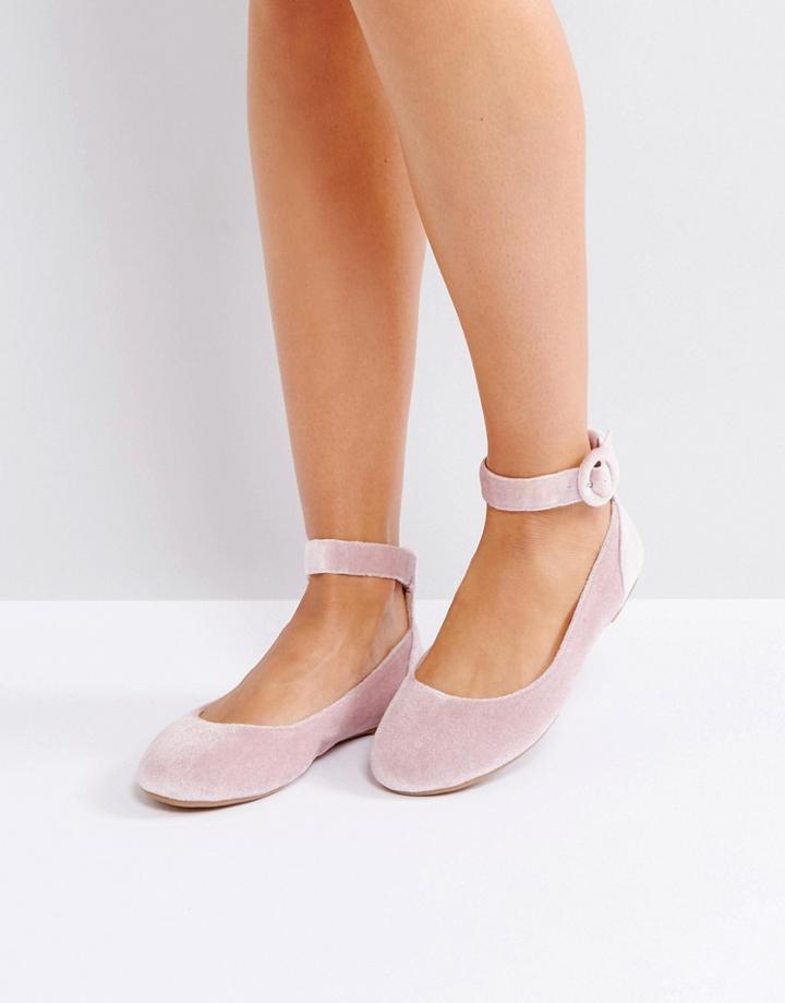 London Rebel Buckle Ankle Flat Ballerina - Beige