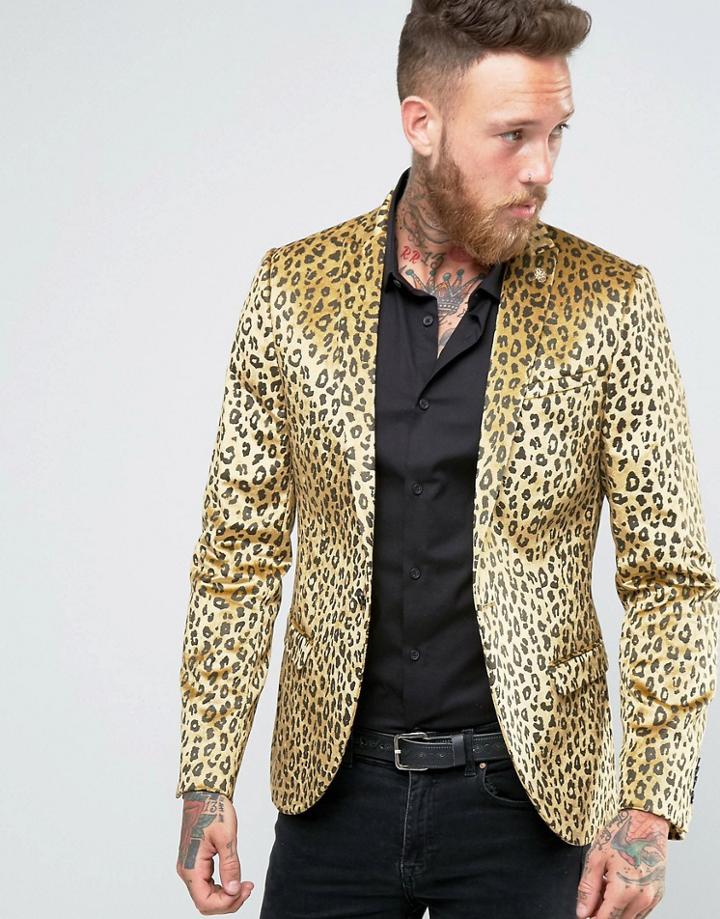 Noose & Monkey Super Skinny Leopard Print Velvet Blazer - Gold