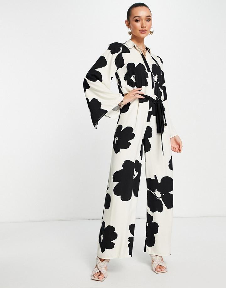 Asos Design Kimono Sleeve Wide Leg Jumpsuit In Oversized Mono Floral-multi