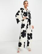 Asos Design Kimono Sleeve Wide Leg Jumpsuit In Oversized Mono Floral-multi