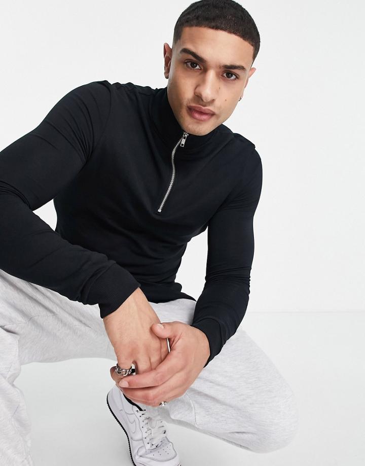 Asos Design Muscle Half Zip Sweatshirt In Black - Black