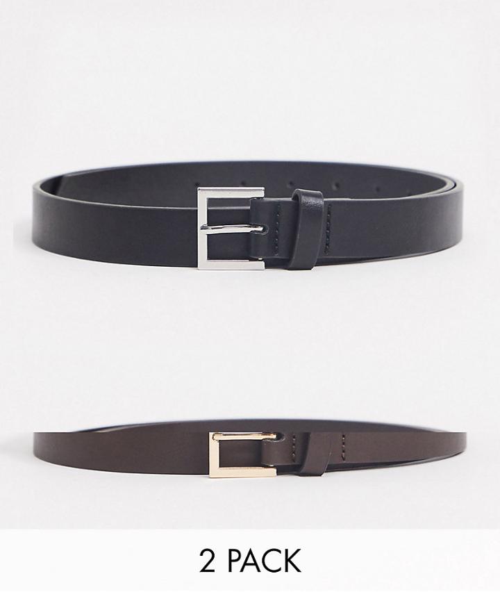 Asos Design Skinny Faux Leather Belt Pack With Silver And Gold Buckles In Black And Brown-multi