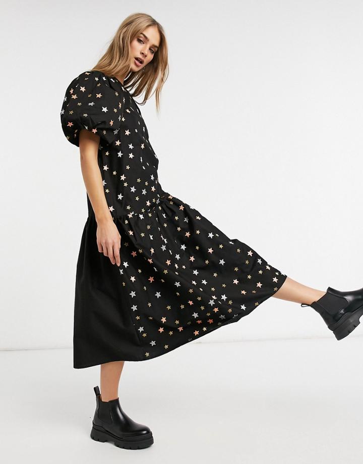 Asos Design Cotton Poplin Puff Sleeve Midi Dress In Metallic Star Embroidery In Black