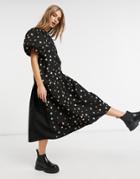 Asos Design Cotton Poplin Puff Sleeve Midi Dress In Metallic Star Embroidery In Black