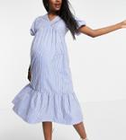 Influence Maternity Tie Neck Puff Sleeve Midi Dress In Stripe-blues