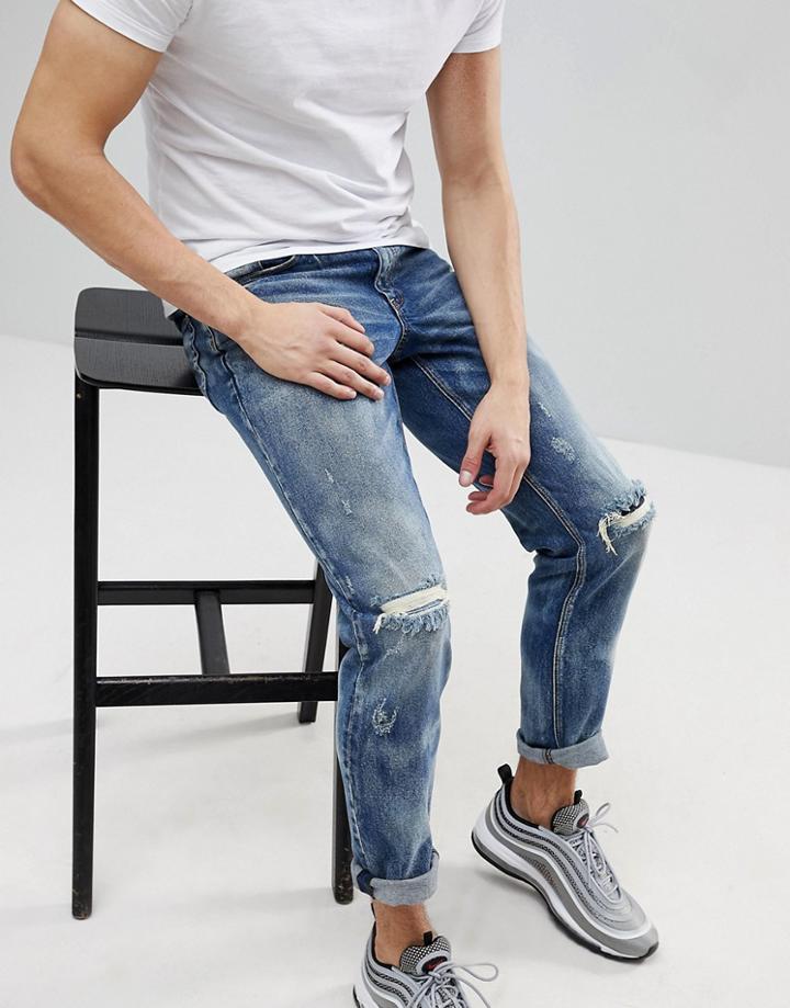 Asos Stretch Slim Jeans In Dark Wsh With Random Bleach And Rips - Blue