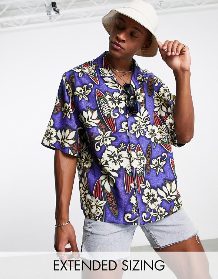 Asos Design Dropped Shoulder Oversized Camp Collar Shirt In Purple Hawaiian Floral Print
