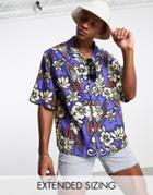 Asos Design Dropped Shoulder Oversized Camp Collar Shirt In Purple Hawaiian Floral Print