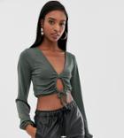 Asos Design Tall Slinky Top With Blouson Sleeve And Tie Front Detail - Green