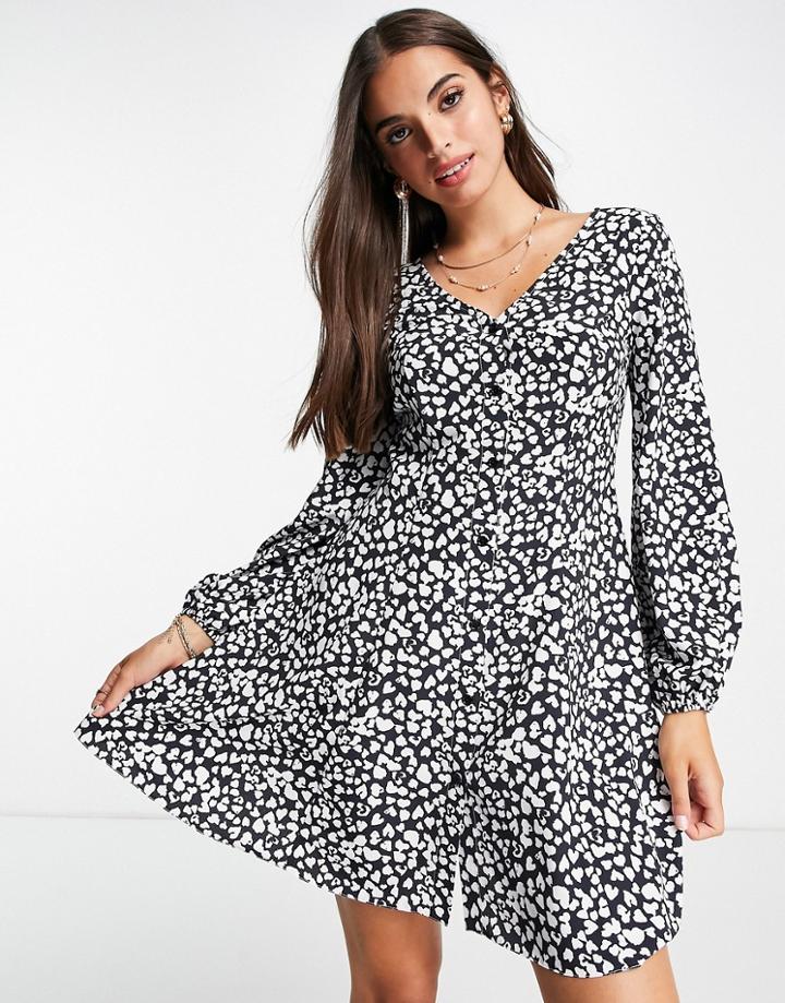 Miss Selfridge Button Through Fit & Flare Mini Dress In Heart Print-black