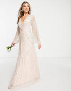 Frock And Frill Bridesmaid Plunge Front Maxi Dress With Embellishment In Blush-pink