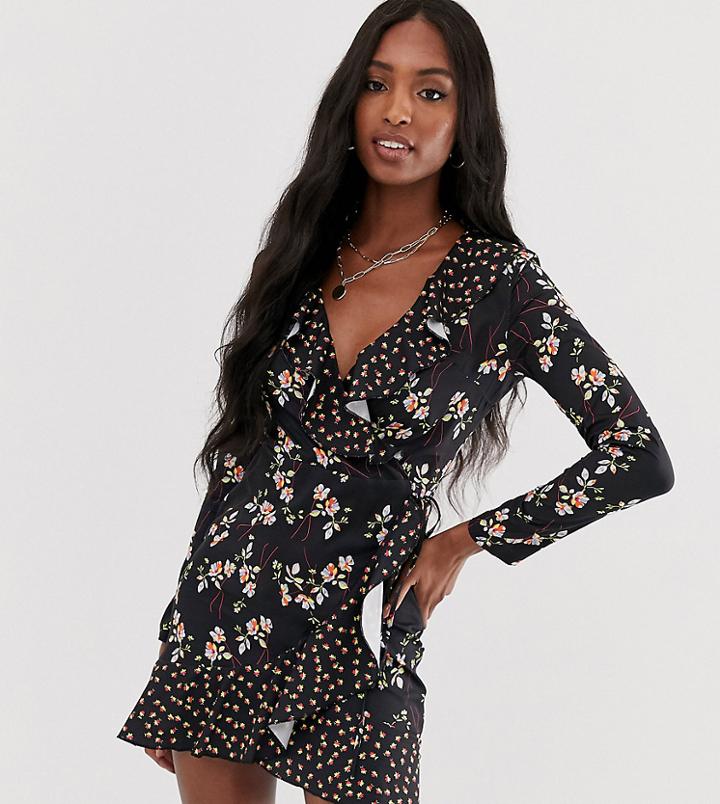 Parisian Tall Wrap Dress With Frill In Floral Mix Print-black