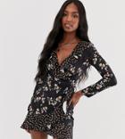 Parisian Tall Wrap Dress With Frill In Floral Mix Print-black