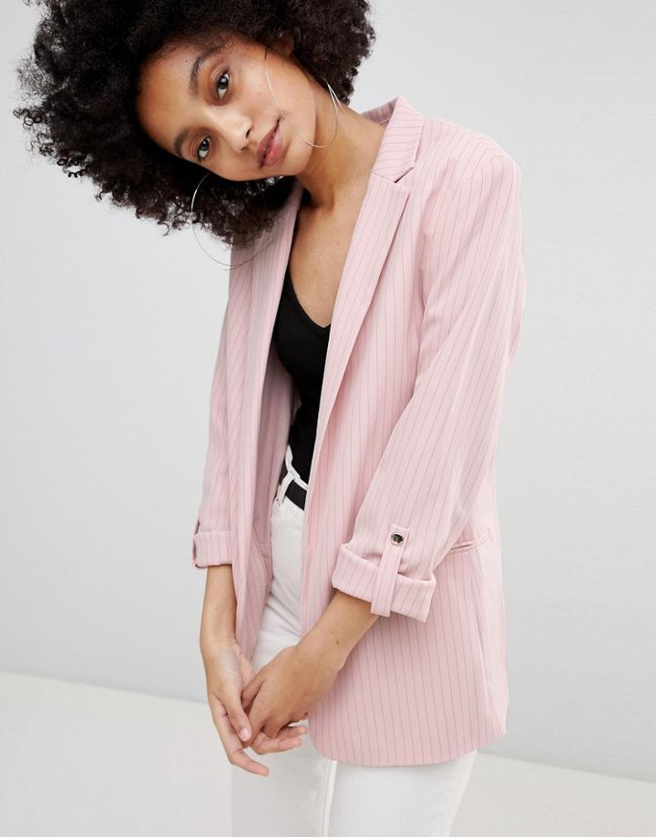 Bershka Longline Stripe Blazer - Pink