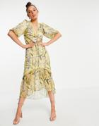 Hope & Ivy Balloon Sleeve Drop Hem Midi Dress In Yellow Daisy Print