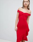 Lipsy Red Ruffle Bardot Bodycon Dress - Red