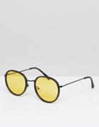 Asos Round Sunglasses In Matte Black With Yellow Lens - Black