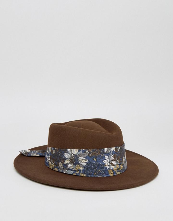 Asos Wide Brim Pork Pie Hat With Floral Band - Brown