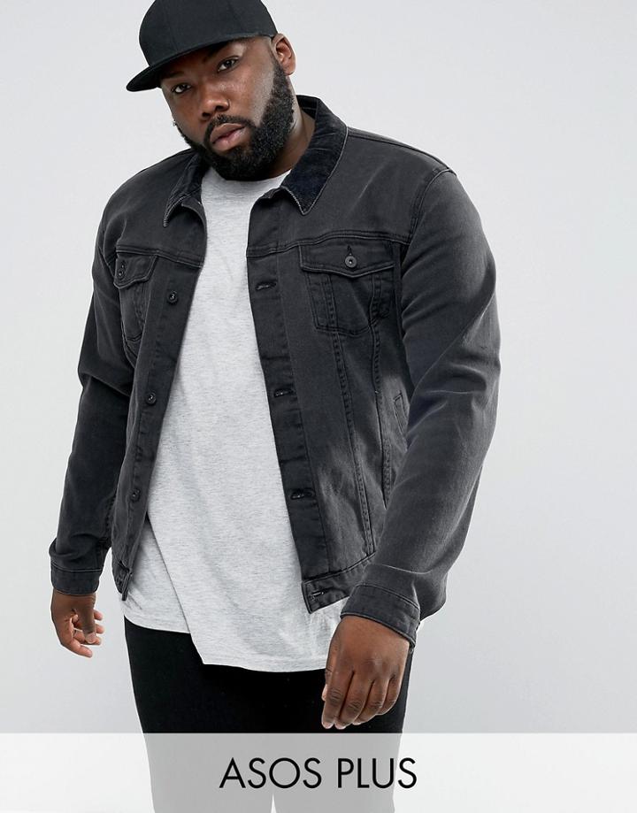 Asos Plus Denim Jacket In Skinny Fit In Black With Cord Collar - Black