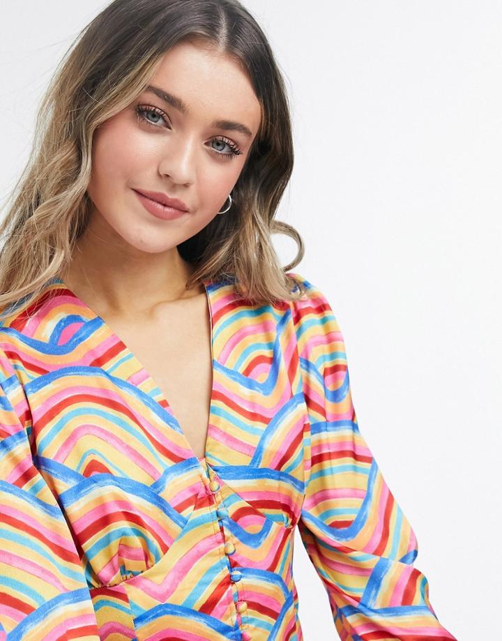 Never Fully Dressed Button Detail Blouse Set In Rainbow Tile Print-multi
