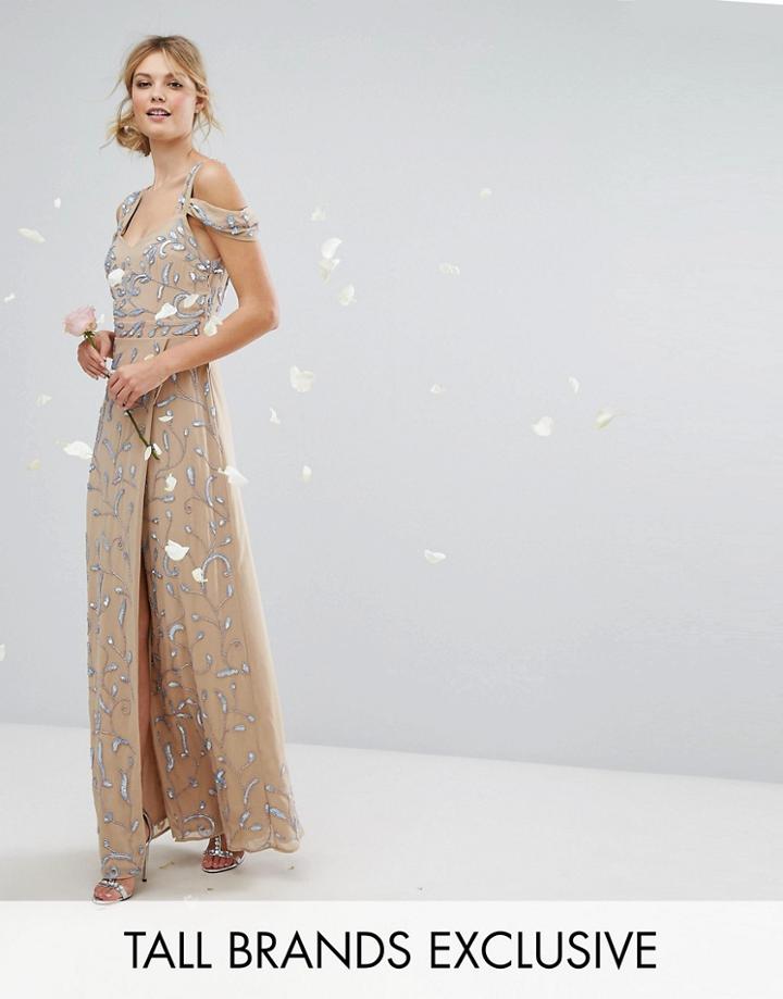 Maya Tall Cold Shoulder Allover Embellished Maxi Dress - Pink