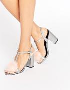 Office Sugar Pom Pom Silver Metallic Block Heeled Sandals - Silver