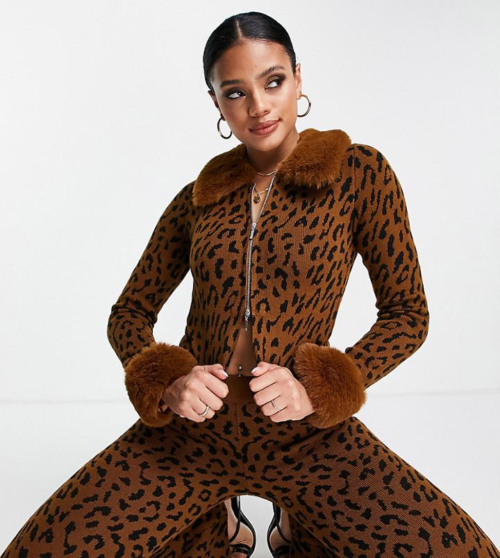 Asyou Fur Trim Cardigan In Leopard Print - Part Of A Set-brown