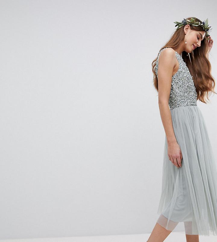 Maya Tall Sleeveless Sequin Bodice Tulle Detail Midi Bridesmaid Dress With Cutout Back-green