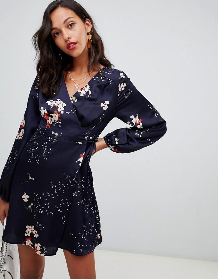 Liquorish Floral Printed Wrap Mini Dress - Navy