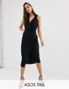 Asos Design Tall Wrap Front Midi Dress - Black