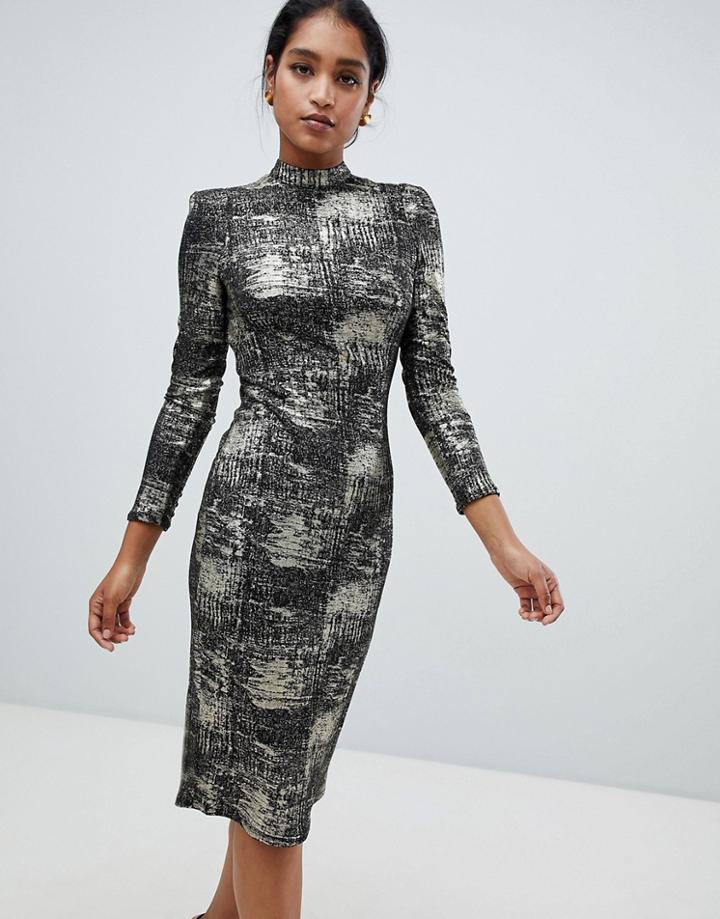 Little Mistress High Neck Foil Midi Dress - Black
