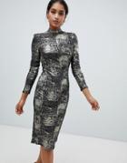 Little Mistress High Neck Foil Midi Dress - Black