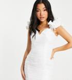Collective The Label Petite Ruched Mini Dress With Frill Shoulder Detail In Ivory-white
