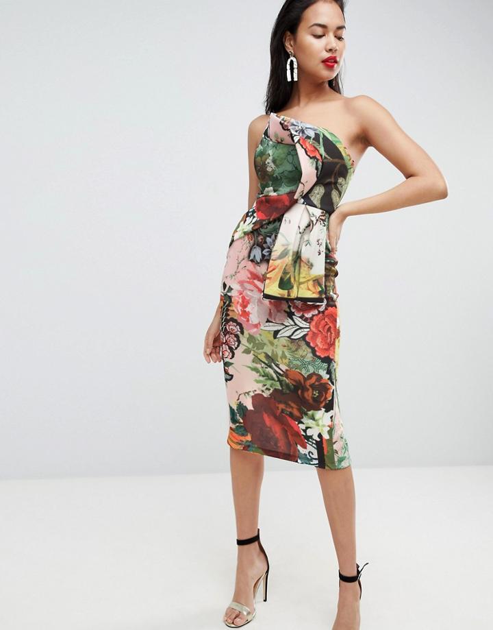 Asos Postcard Print Bandeau Fold Bodycon Midi Dress - Multi