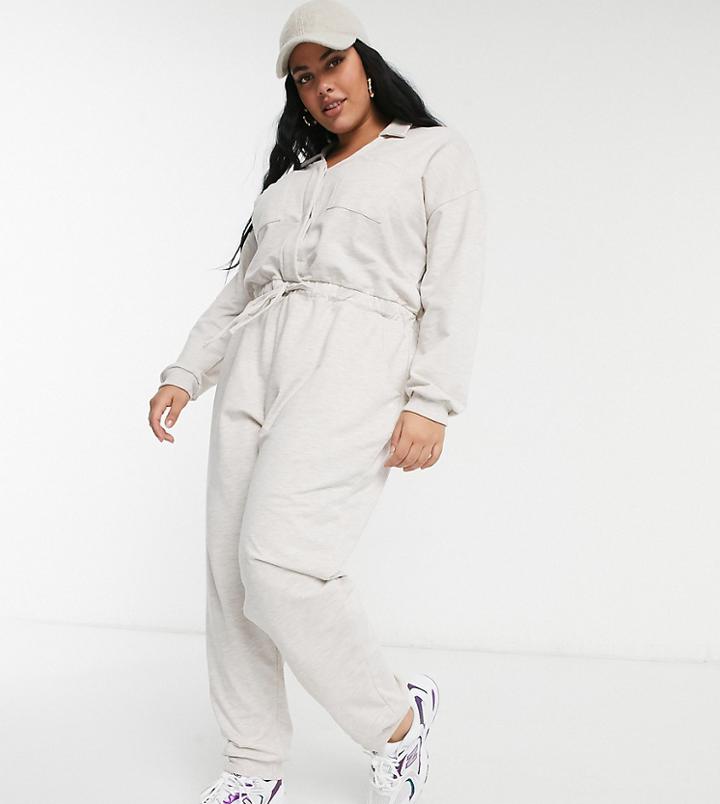Asos Design Curve Open Collar Slouchy Tie Waist Sweat Jumpsuit In Cream-white