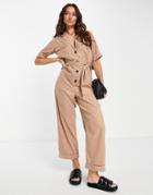 Asos Design Cupro Short Sleeve Pocket Belted Jumpsuit In Stone-neutral