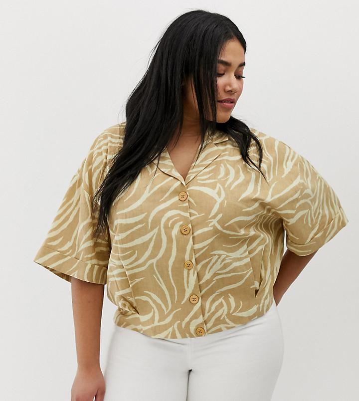 Asos Design Curve Boxy Top With Button Detail In Zebra Animal Print-multi
