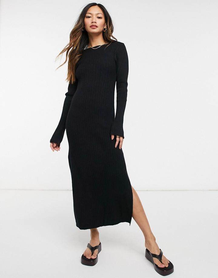 Asos Design Crew Neck Ribbed Midi Dress-black