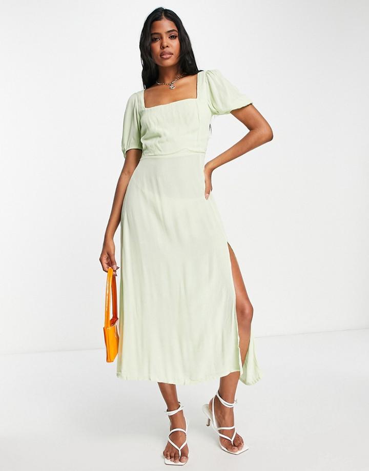 Stradivarius Midi Tea Dress In Sage-green