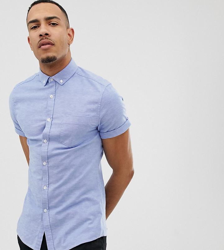 Asos Design Tall Casual Skinny Short Sleeve Oxford Shirt In Light Blue - Blue
