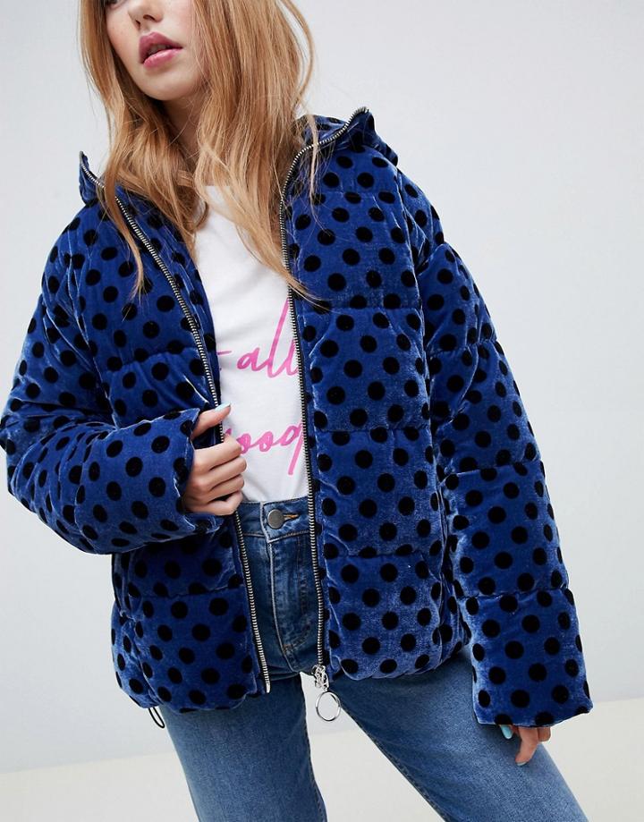 Asos Design Spot Devore Velvet Padded Jacket - Navy