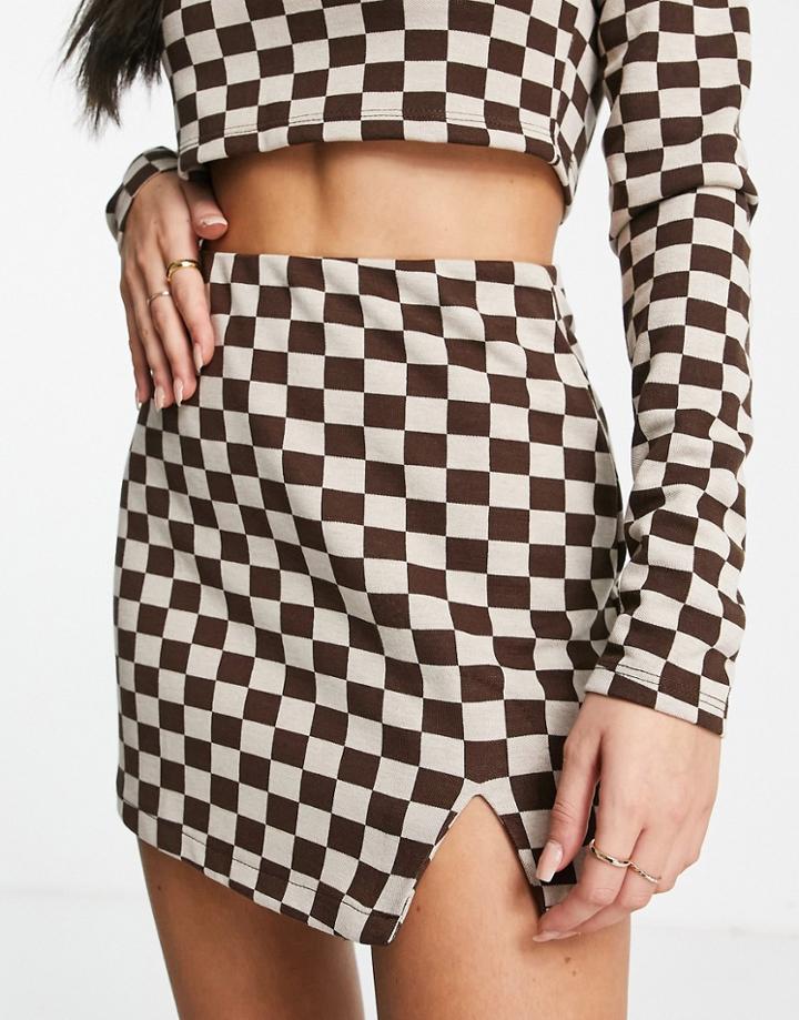 Pull & Bear Checkerboard Mini Skirt In Brown - Part Of A Set