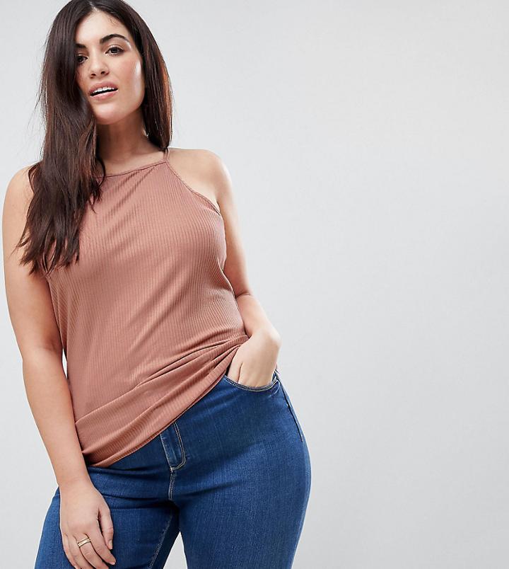 Asos Curve Cami With Square Neck In Fitted Rib - Pink