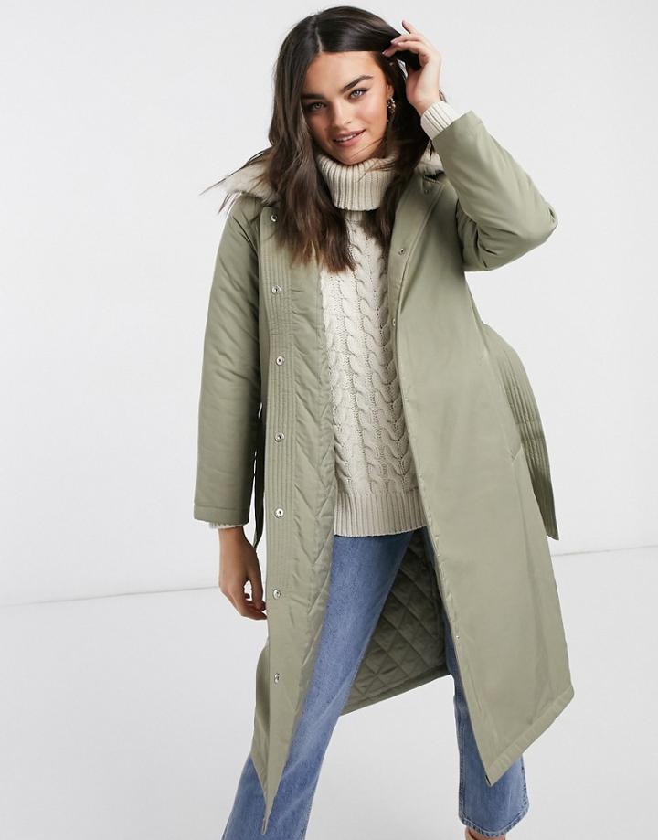 Fashion Union Longline Parka With Faux-fur Trim And Belt-green