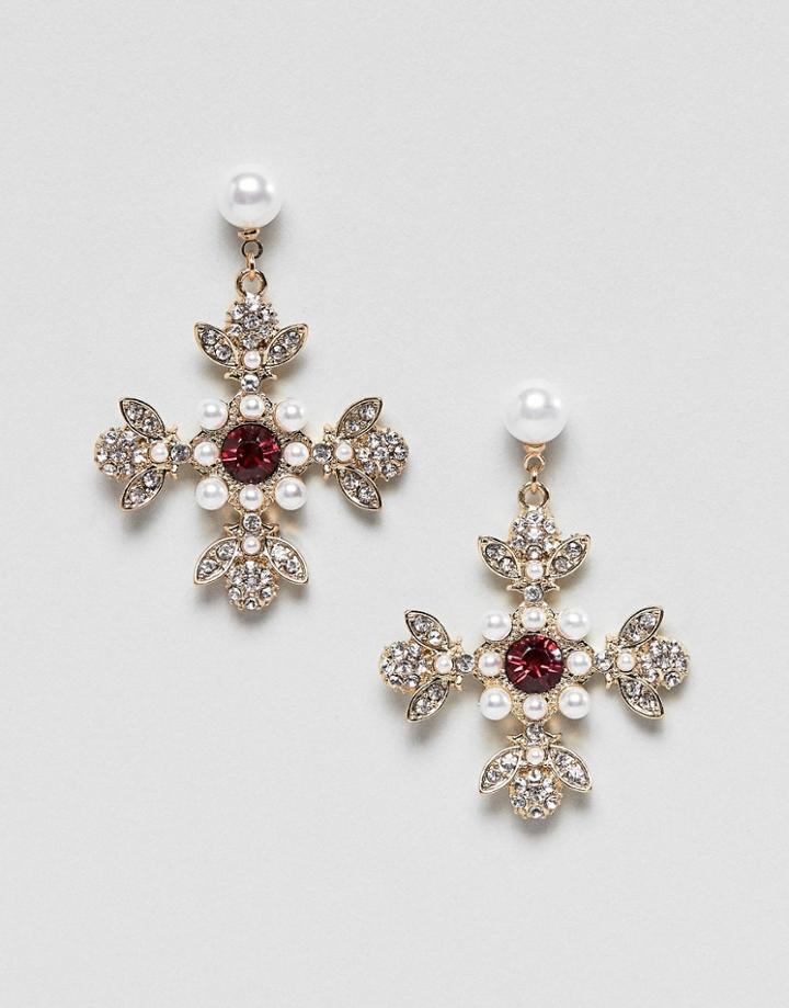 Asos Design Earrings In Vintage Style Cross Design With Jewels And Pearls In Gold - Gold