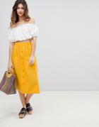 Asos Design Cotton Midi Skirt With Button Front - Yellow