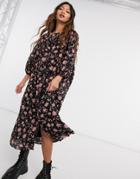 Vero Moda Floaty Midi Dress With Side Slit In Black Floral-multi