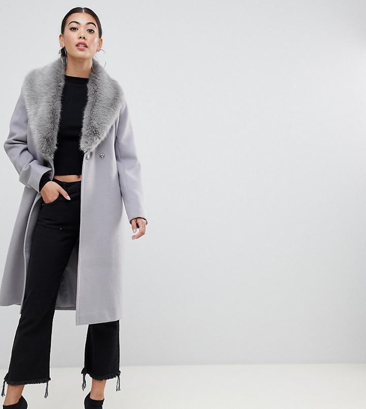 Asos Design Petite Faux Fur Collar Coat With Tie Belt - Gray